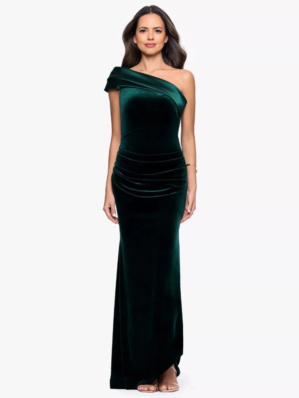 Betsy & Adam Hunter Green One-Shoulder Velvet Gown